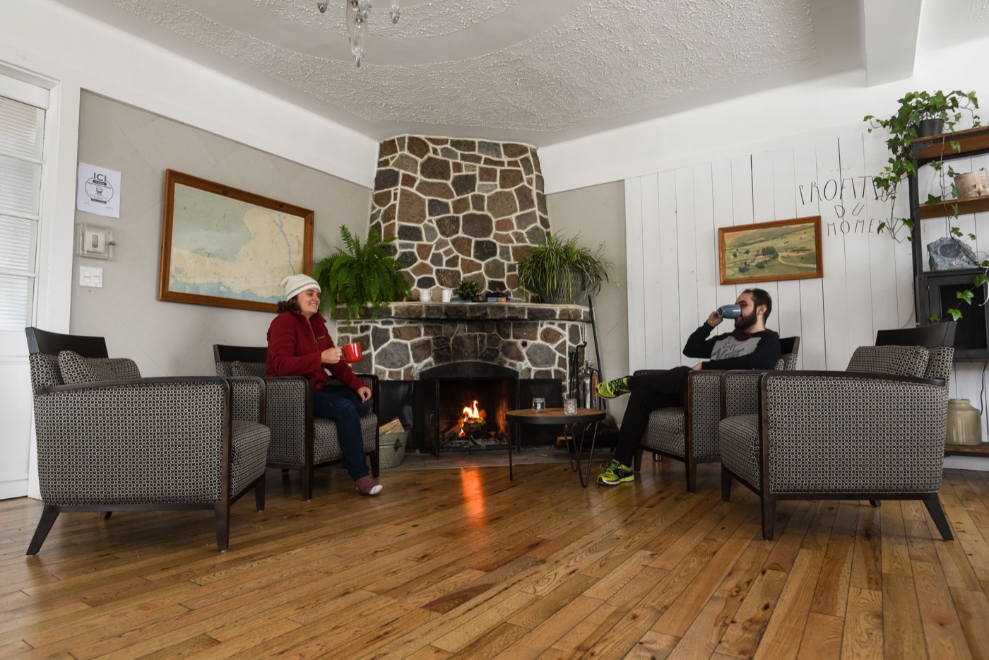 Salon avec foyer en pierre