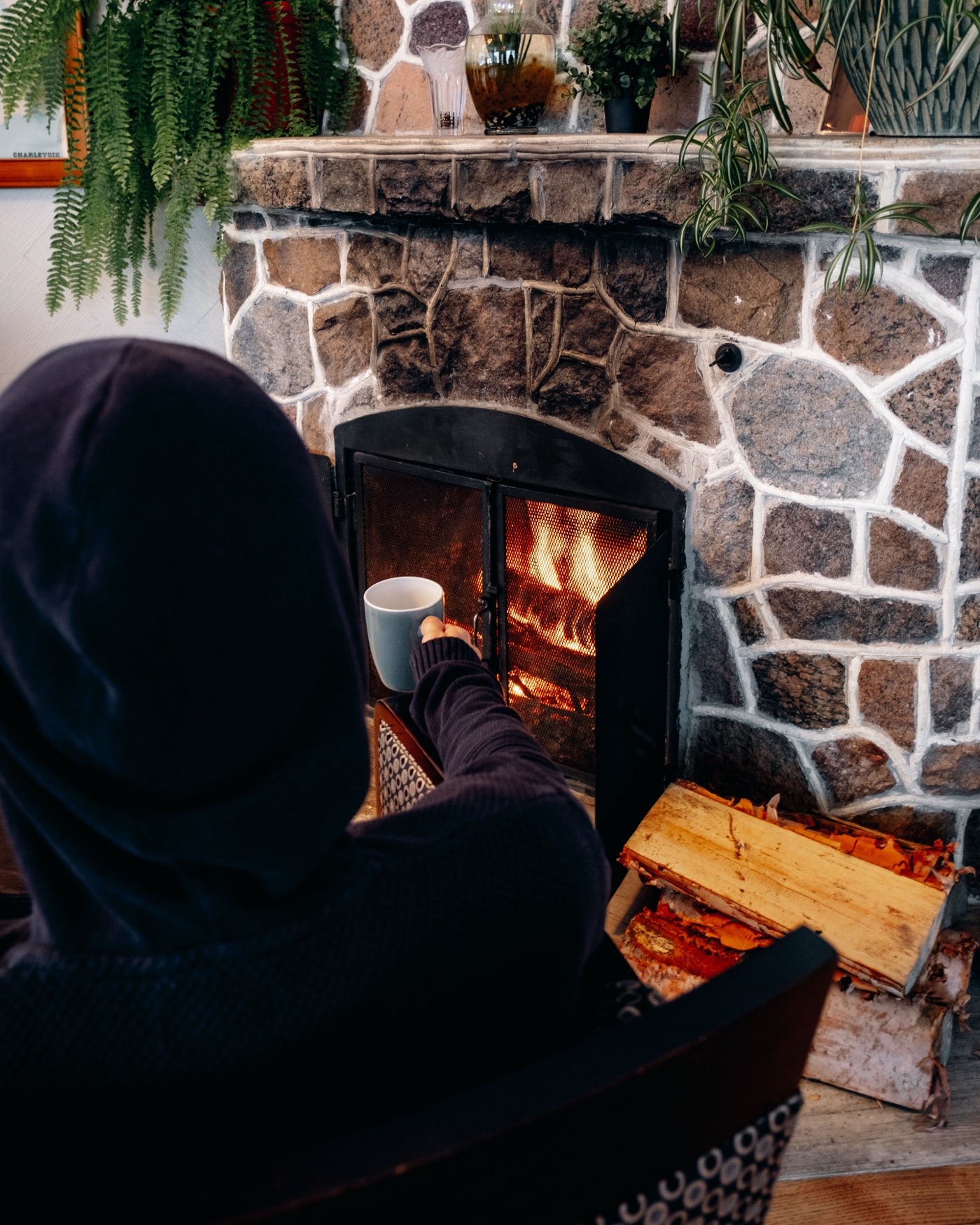 Cozy stone fireplace